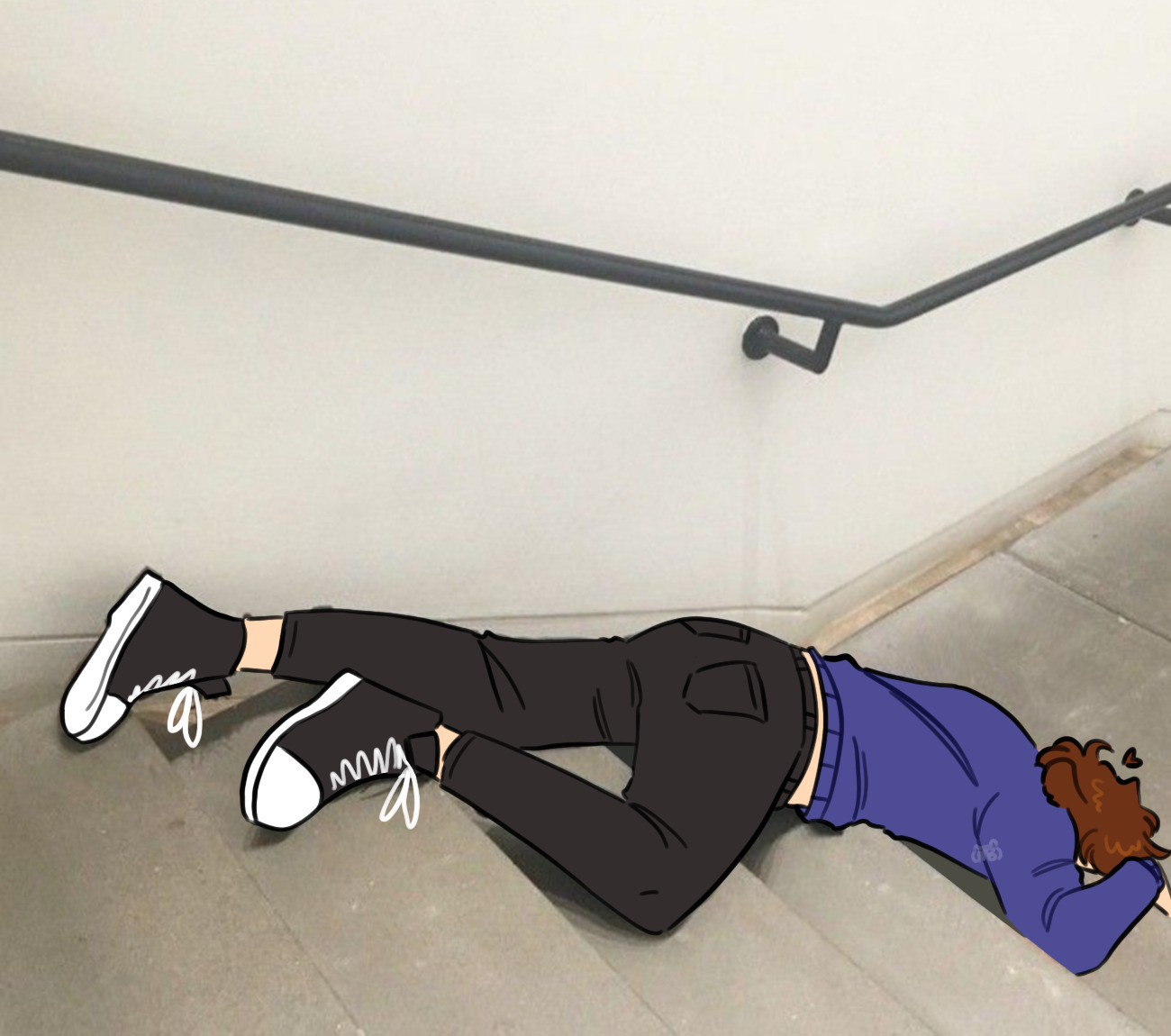 Screenshot redraw of Bear's persona falling down a flight of stairs.