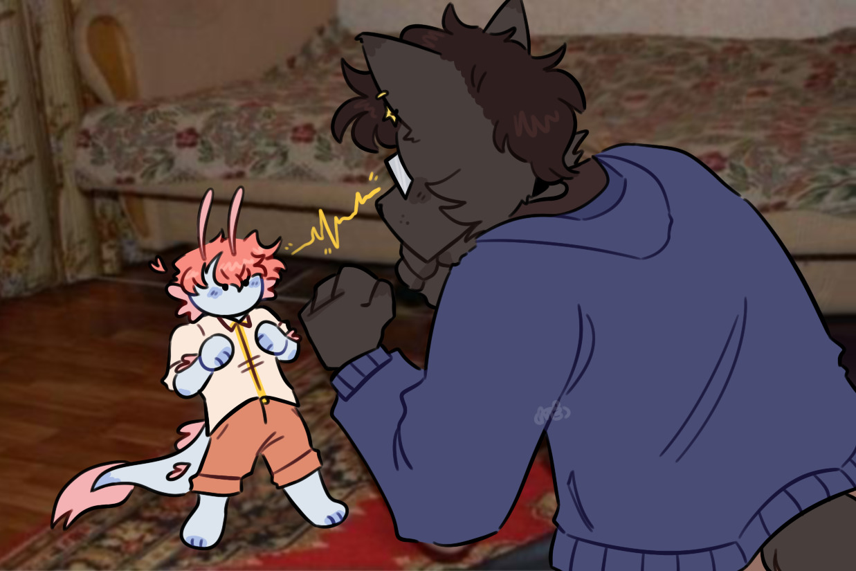 Screenshot redraw of Nori and c!Bear squaring up to fight.